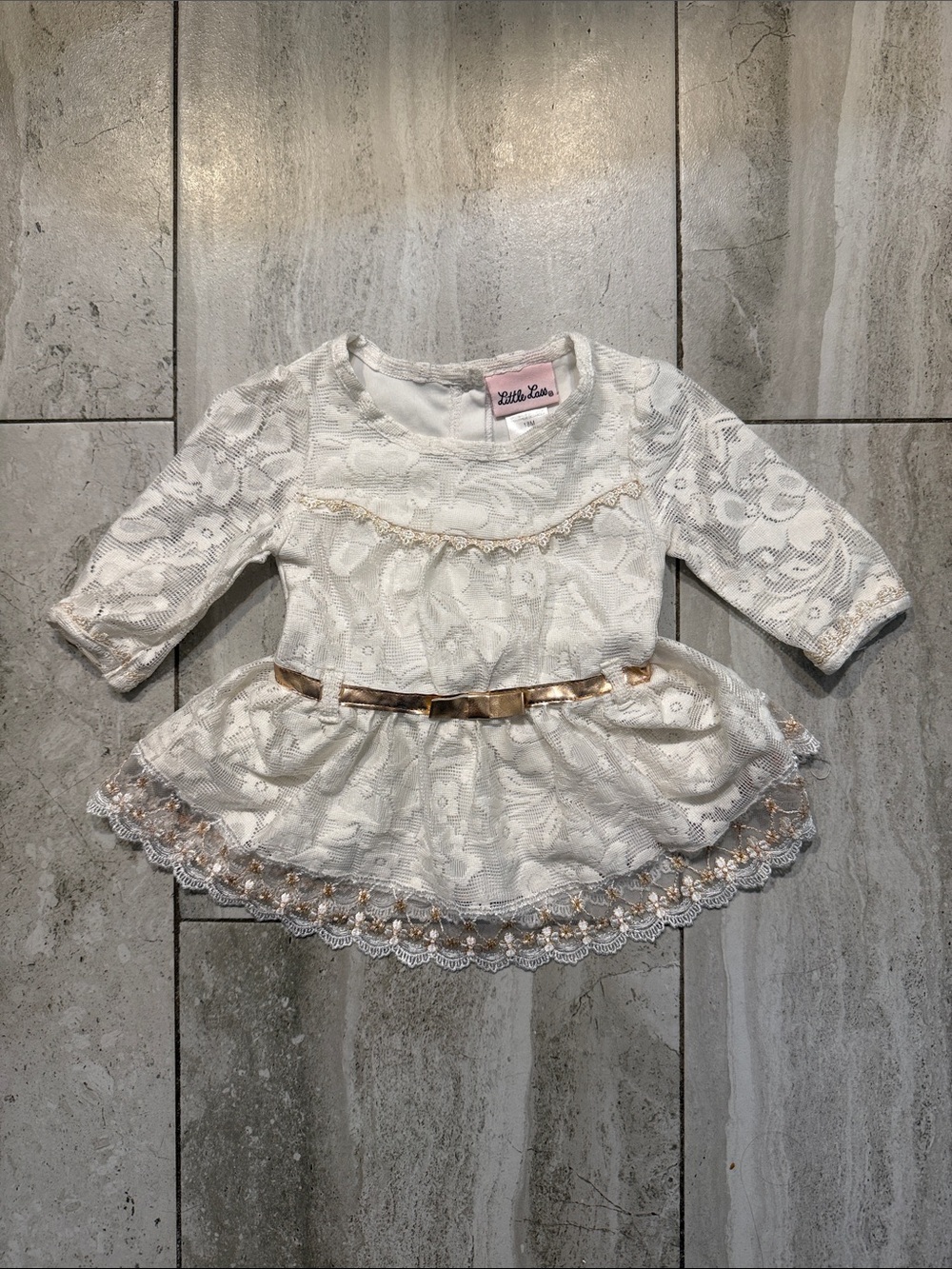 Little Lass Cream Lace Dress with Gold Bow